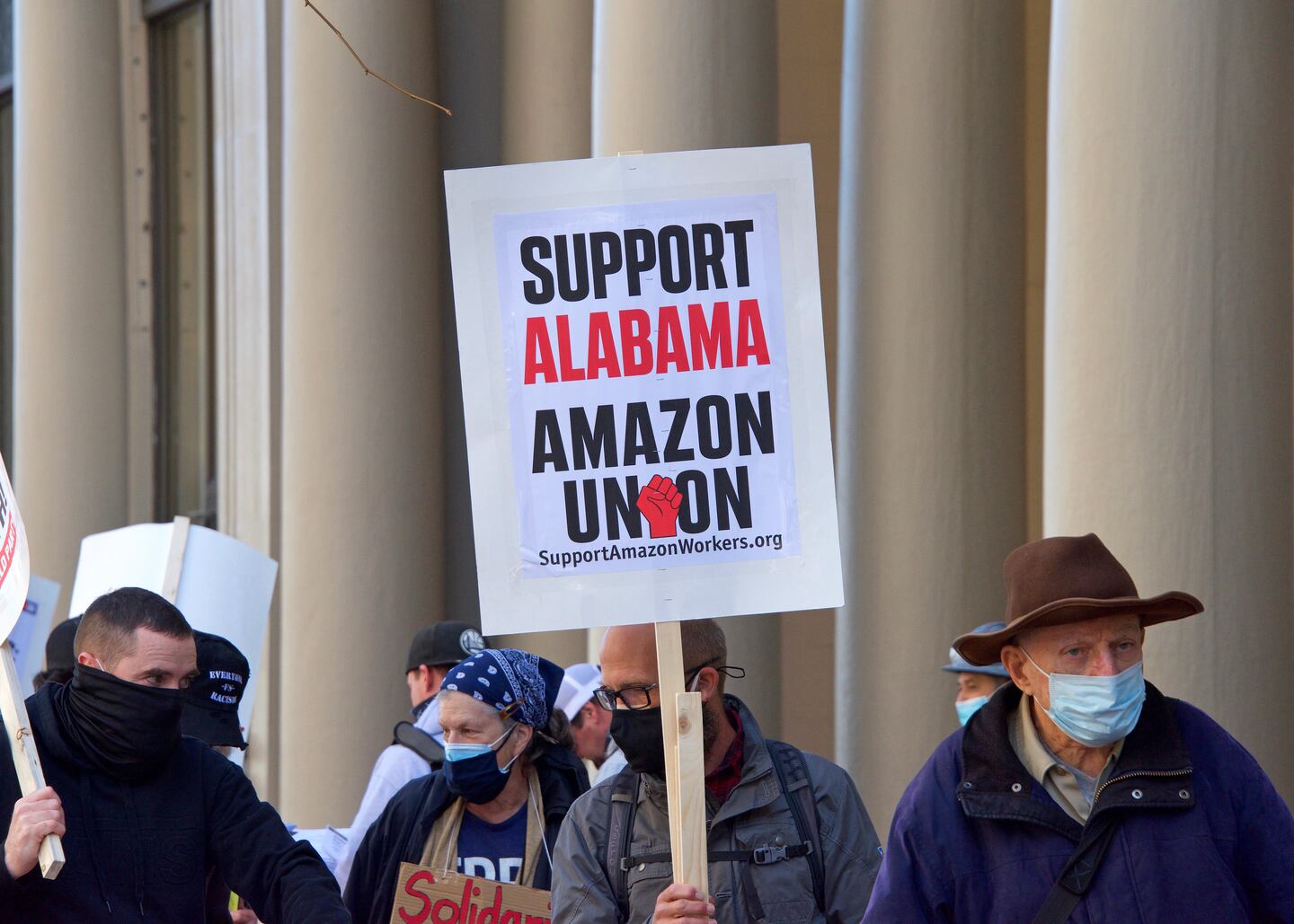 Protestors supporting Amazon workers' union efforts in March. Shutterstock
