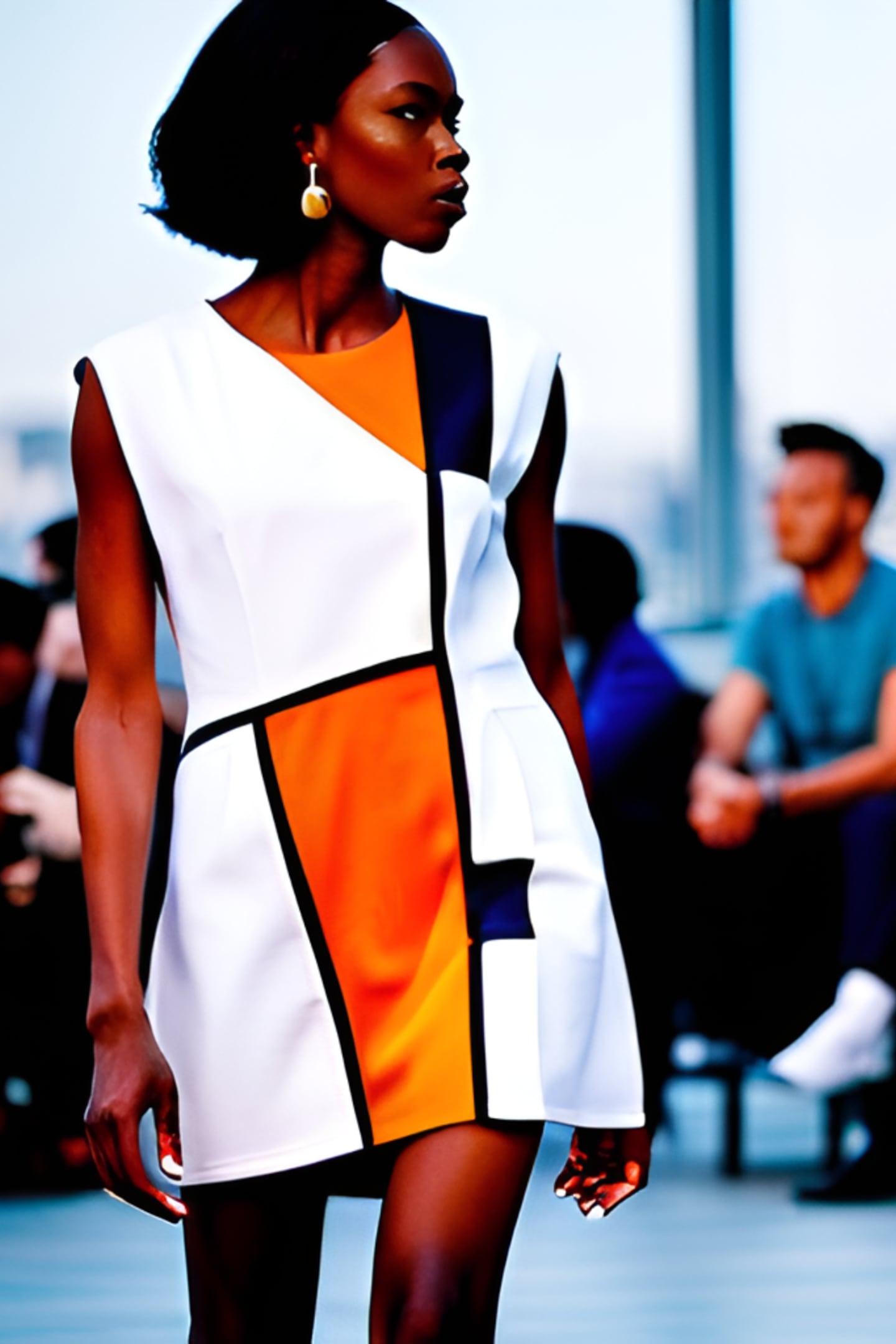 An AI-generated image depicting a model walking a runway wearing a white minidress with colorblock detailing.
