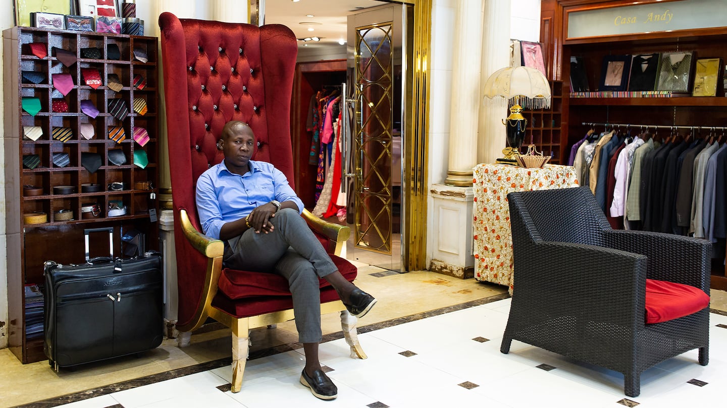 Camilo Rafael, manager of a tailoring boutique selling suites priced in excess of $10,000, in 2020 in Luanda, Angola.