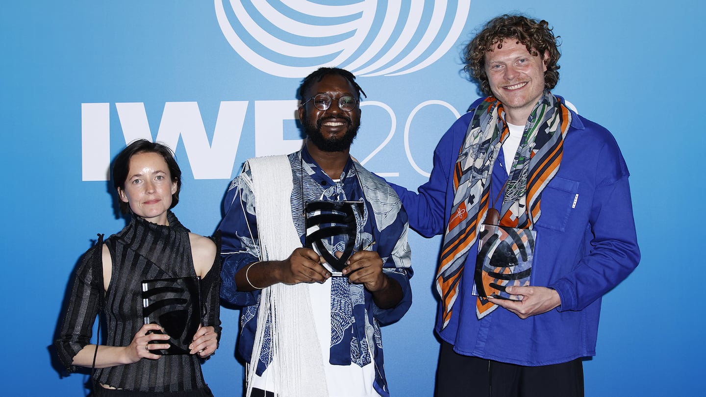 Designer Amalie Roege Hove wins the Karl Lagerfeld Award for Innovation, designer Adeju Thompson wins the International Woolmark Prize and Borre Akkersdijk wins the Supply Chain Award at the International Woolmark Prize 2023 at Le Petit Palais.