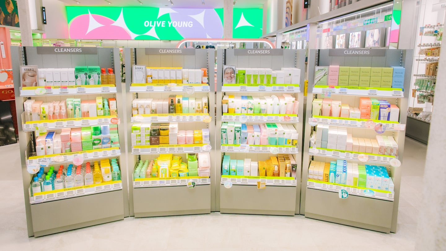 Product displays at Olive Young's first US location in Los Angeles' Pasadena neighborhood.