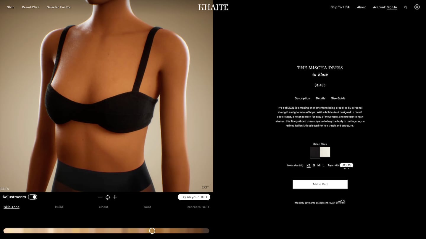 Khaite shoppers can customise their Bods avatars before trying on different sizes of its items. Khaite