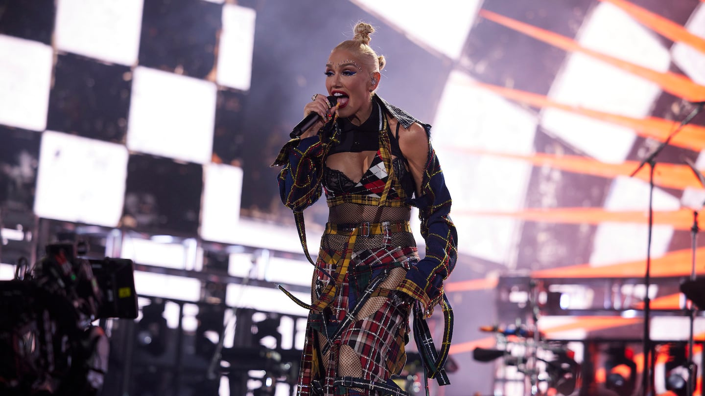 Gwen Stefani onstage with a full face of her brand GXVE Beauty for No Doubt's Coachella performance on April 13, 2024.