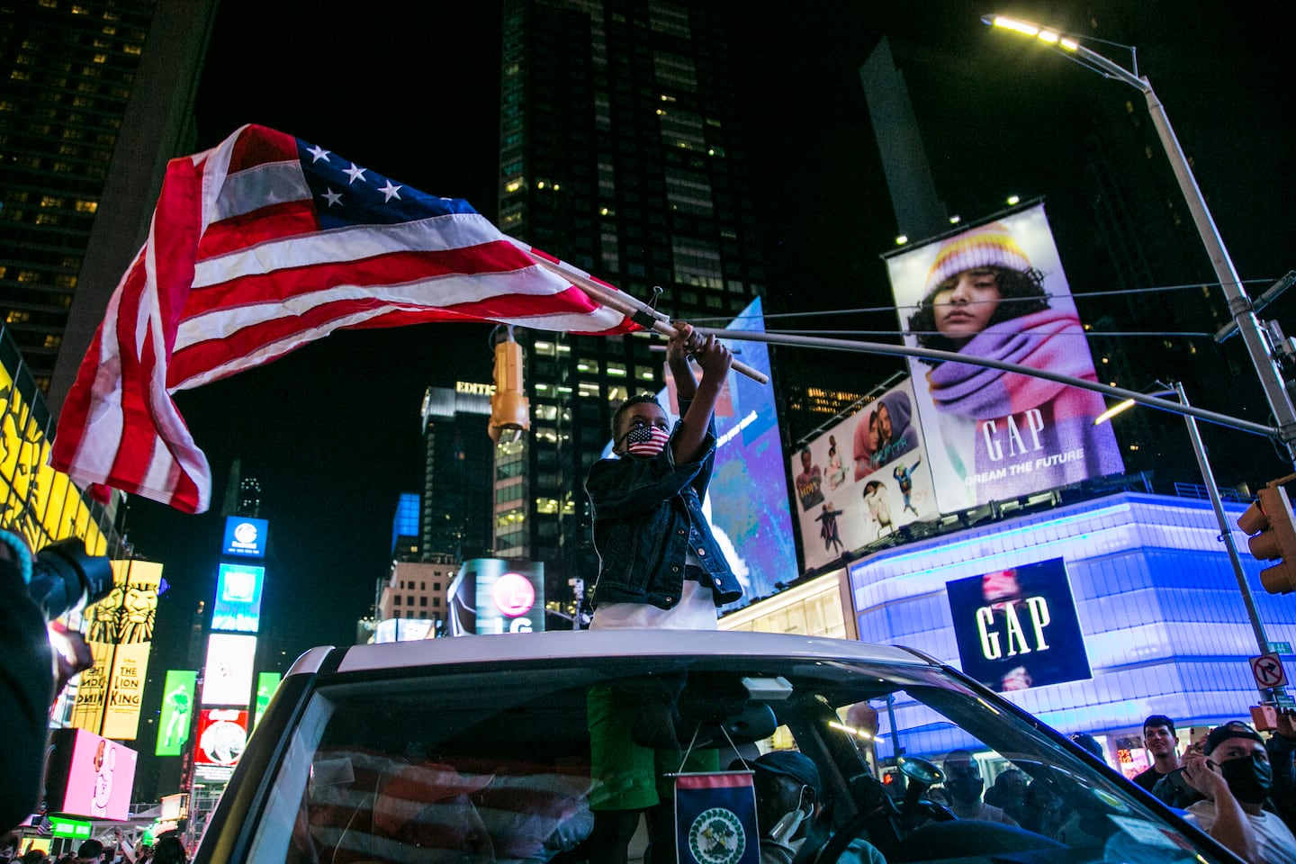 Times Square in New York City, after Joe Biden was projected to win the US Presidential Election. Getty Images.