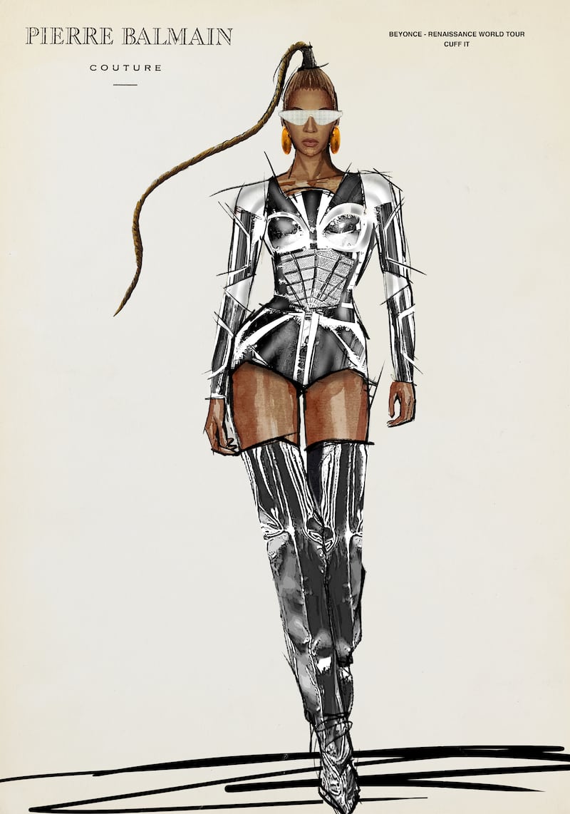 Sketches from Balmain for Beyoncé's Renaissance World Tour outfits.