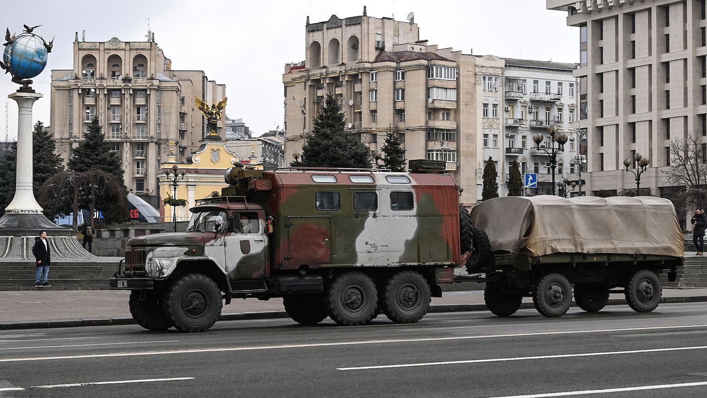 A military truck in central Kyiv after Russia began a large-scale attack on the Ukraine.
