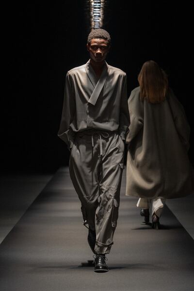 A look from the Soshi Otsuki show during Rakuten Fashion Week Tokyo in March 2024 in Tokyo Japan.