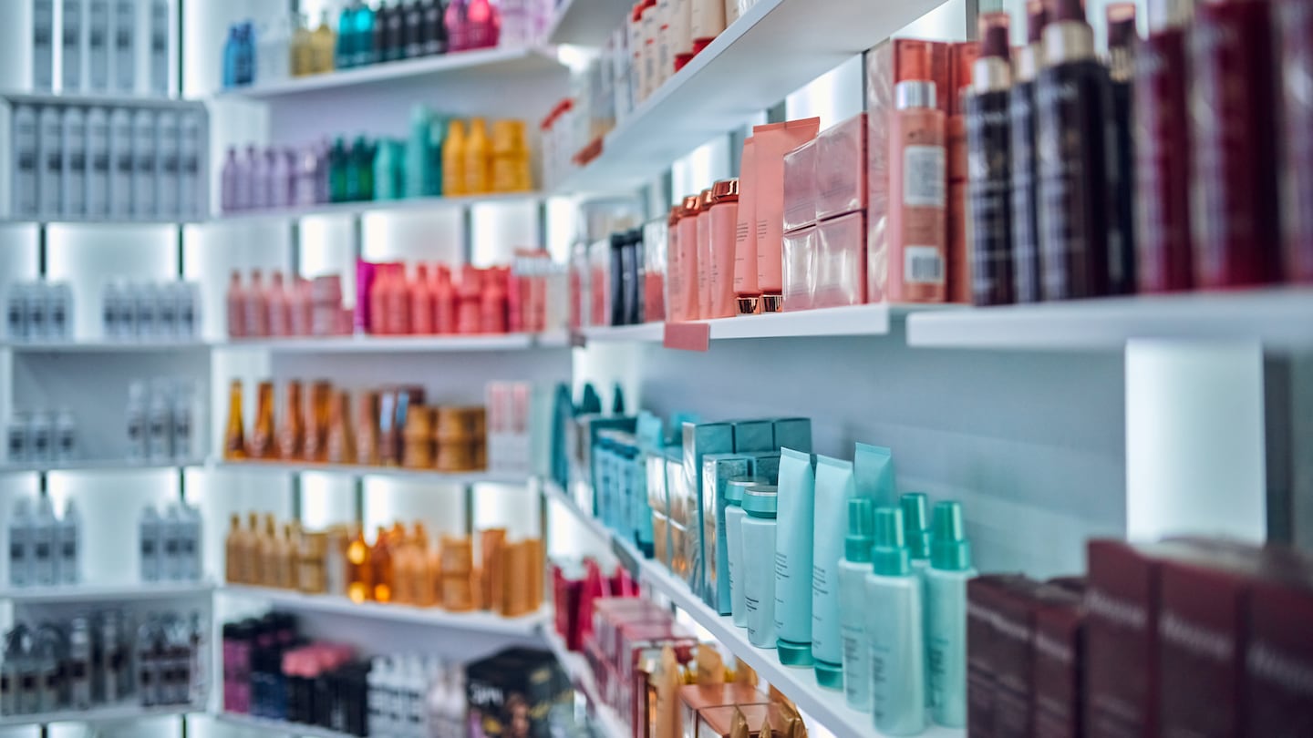 Shelves of products in a beauty salon