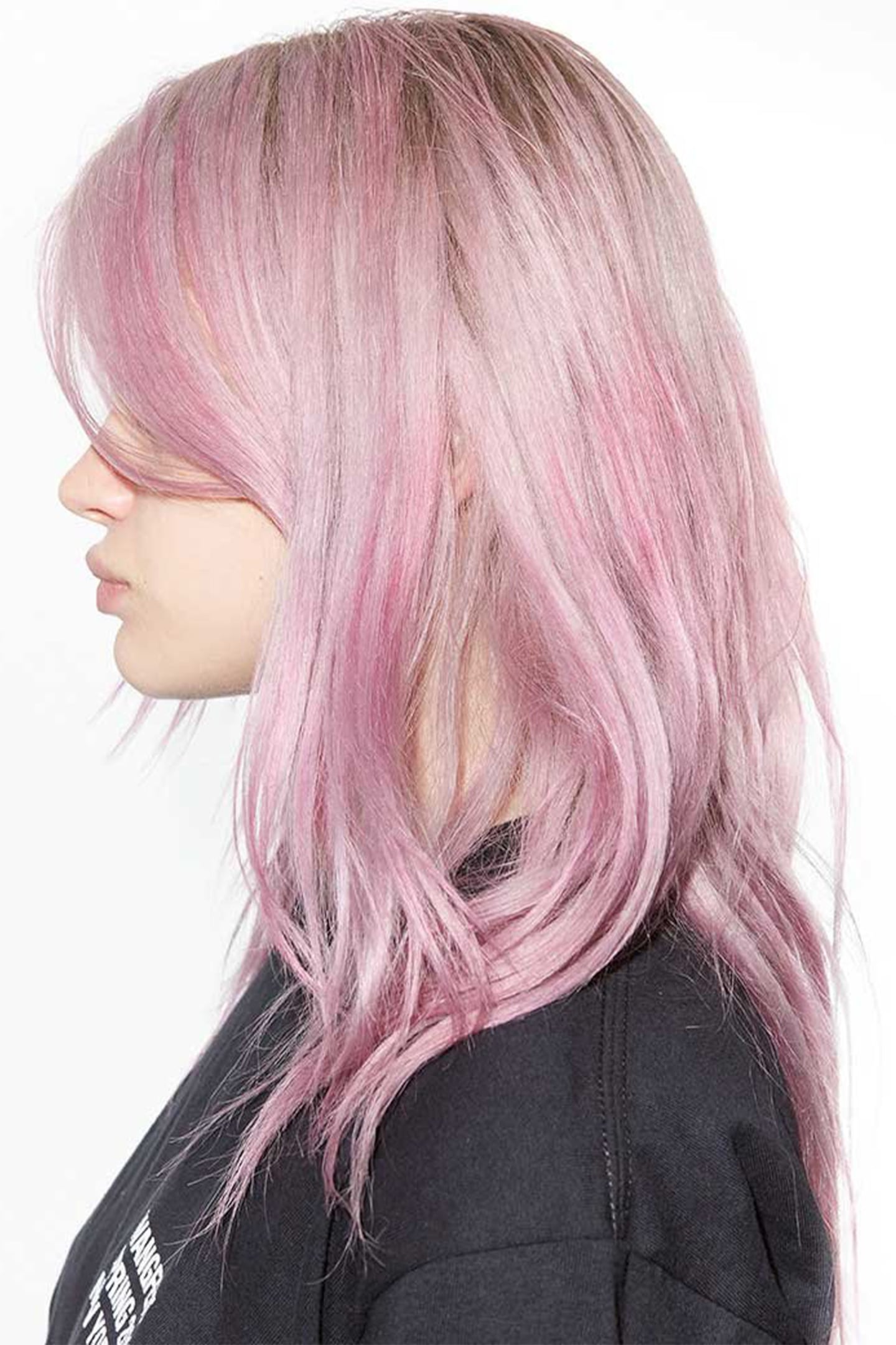 A woman with pink hair