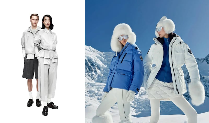Models wear down coats from Bosideng and looks from the Chinese outerwear brand’s higher end  “urban wear” line Areal, designed by Kim Jones.