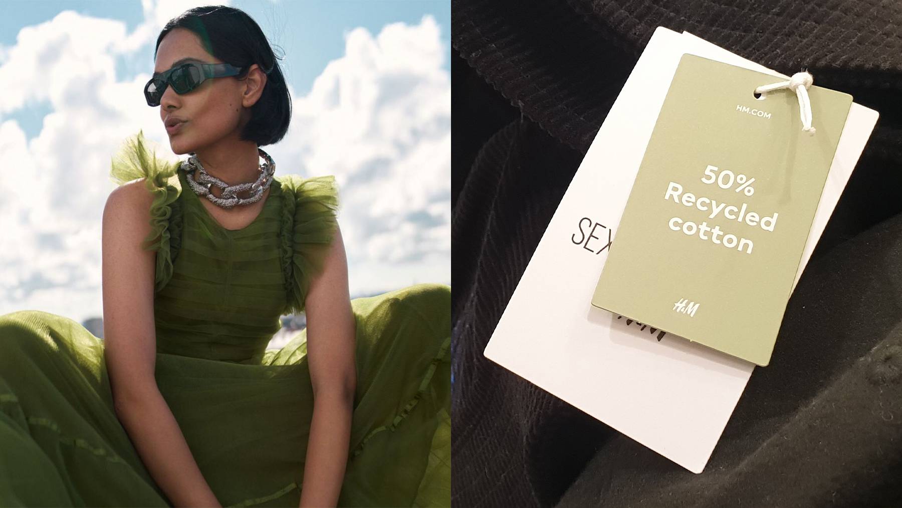 In one image, a woman in a green chiffon dress with ruffled sleeves sits in the sun, with puffy white clouds in the background. A second image shows a clothing label with the words "50% recycled cotton" on it.