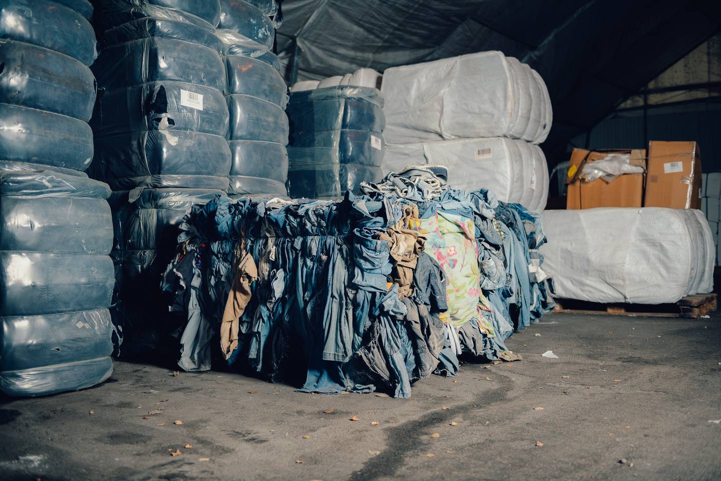 Bale of used denim at textile recycler Renewcell's plant in Kristinehamn, Sweden