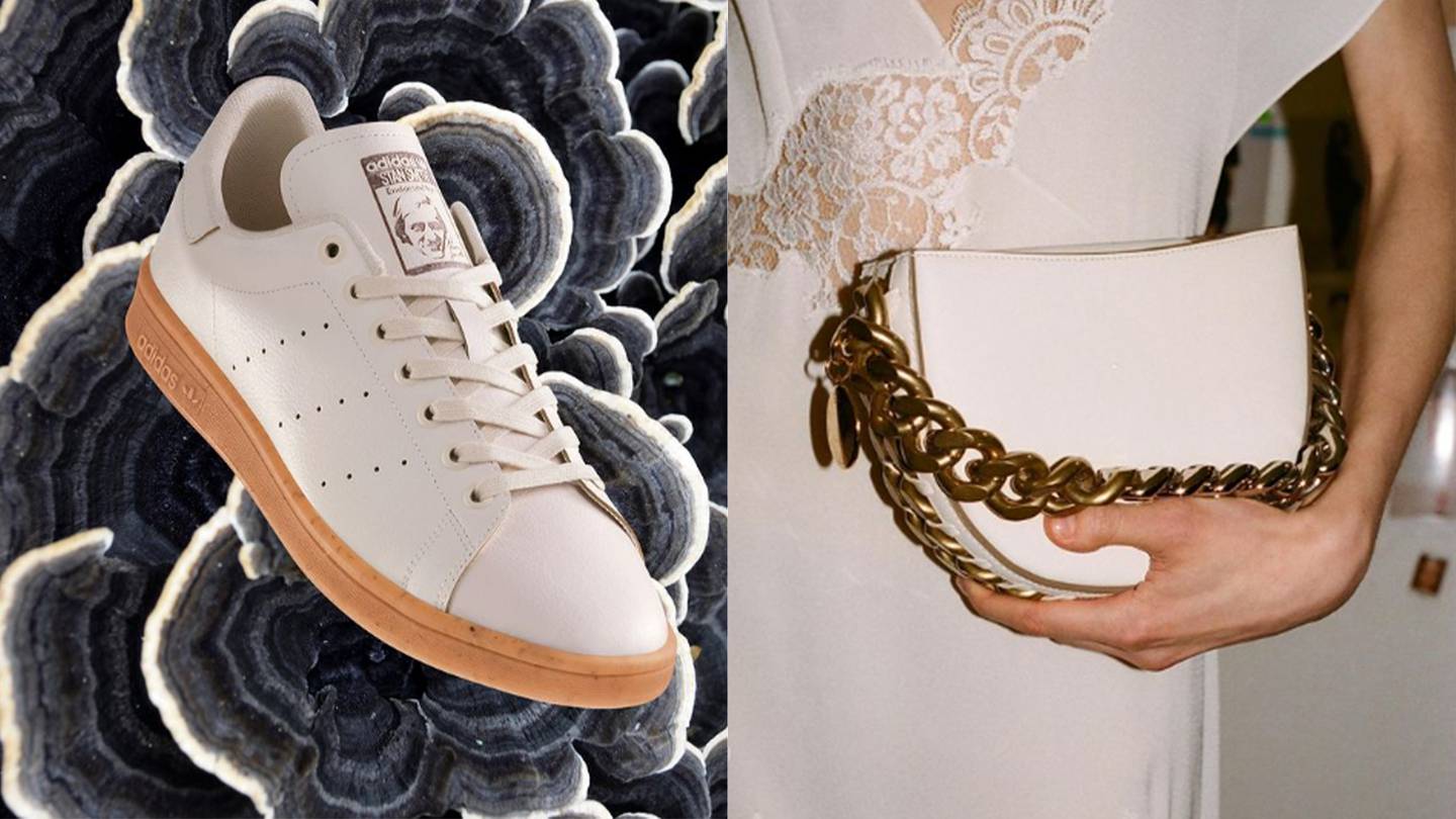 A white Stan Smith shoe by Adidas and Stella McCartney handbag made using leather alternative Mylo.