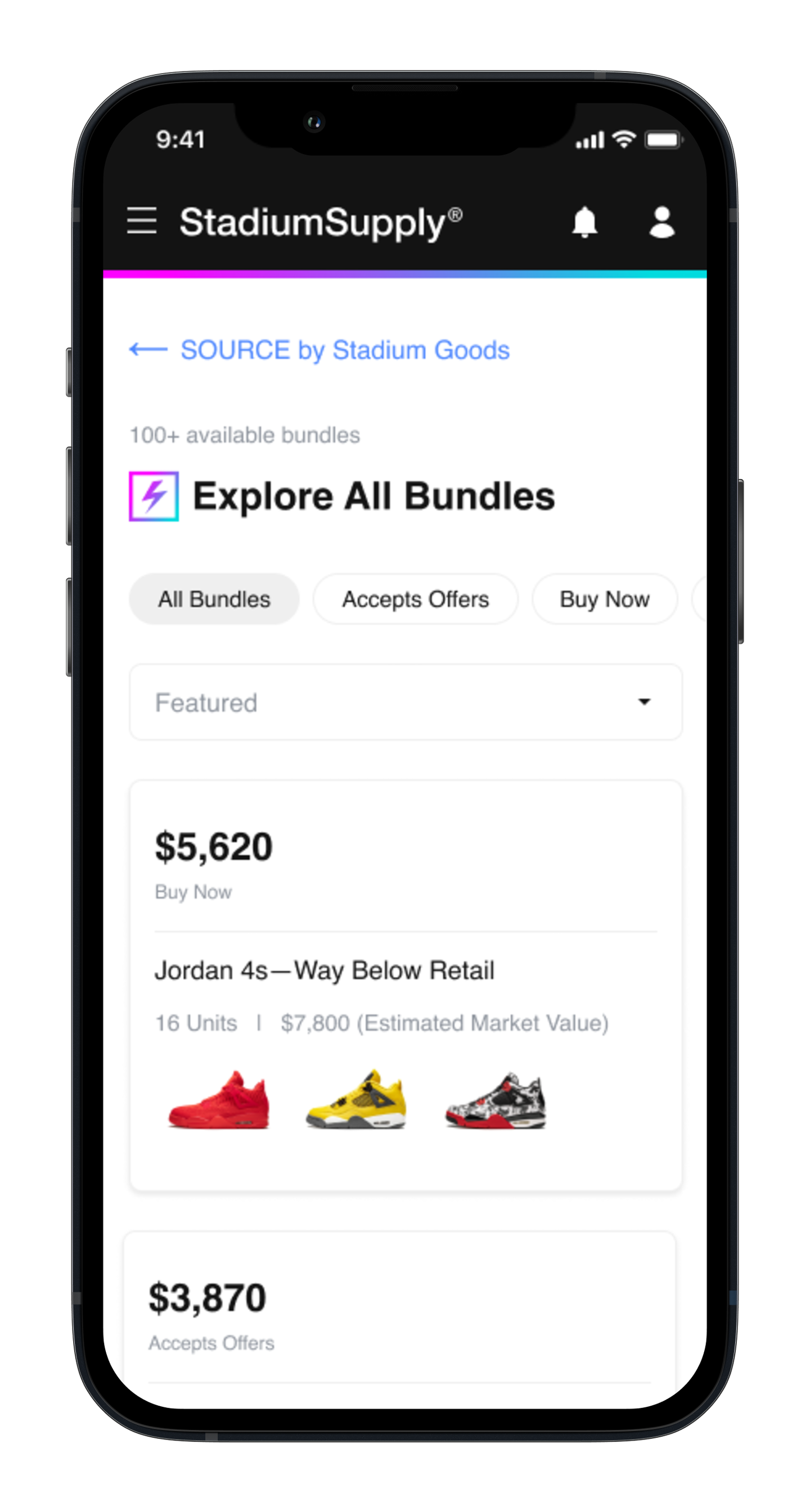 The Stadium Goods app shows a page where a buyer can select different bundles available, including one costing $5,620.