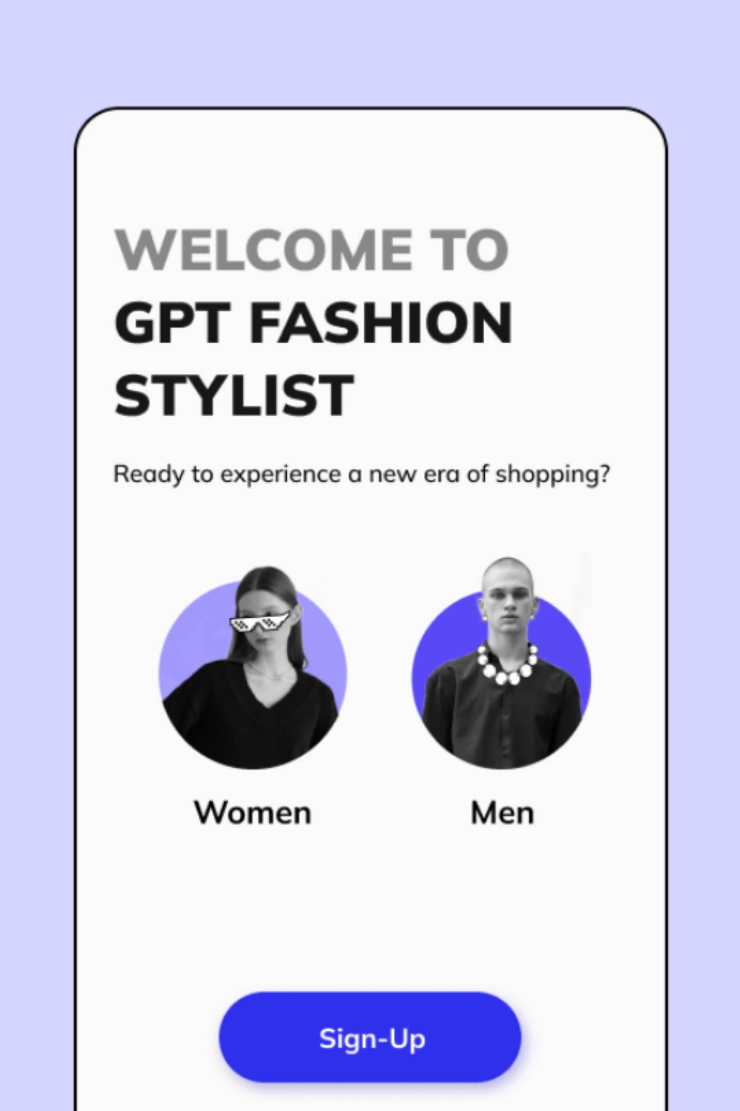 An app screen shows a picture of a man and a woman with computer-drawn accessories against a background that says "Welcome to GPT Fashion Stylist."