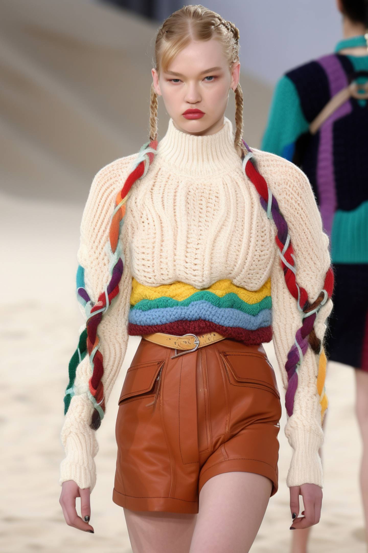 A photorealistic model wearing a knit sweater and leather shorts walks against a desert backdrop.