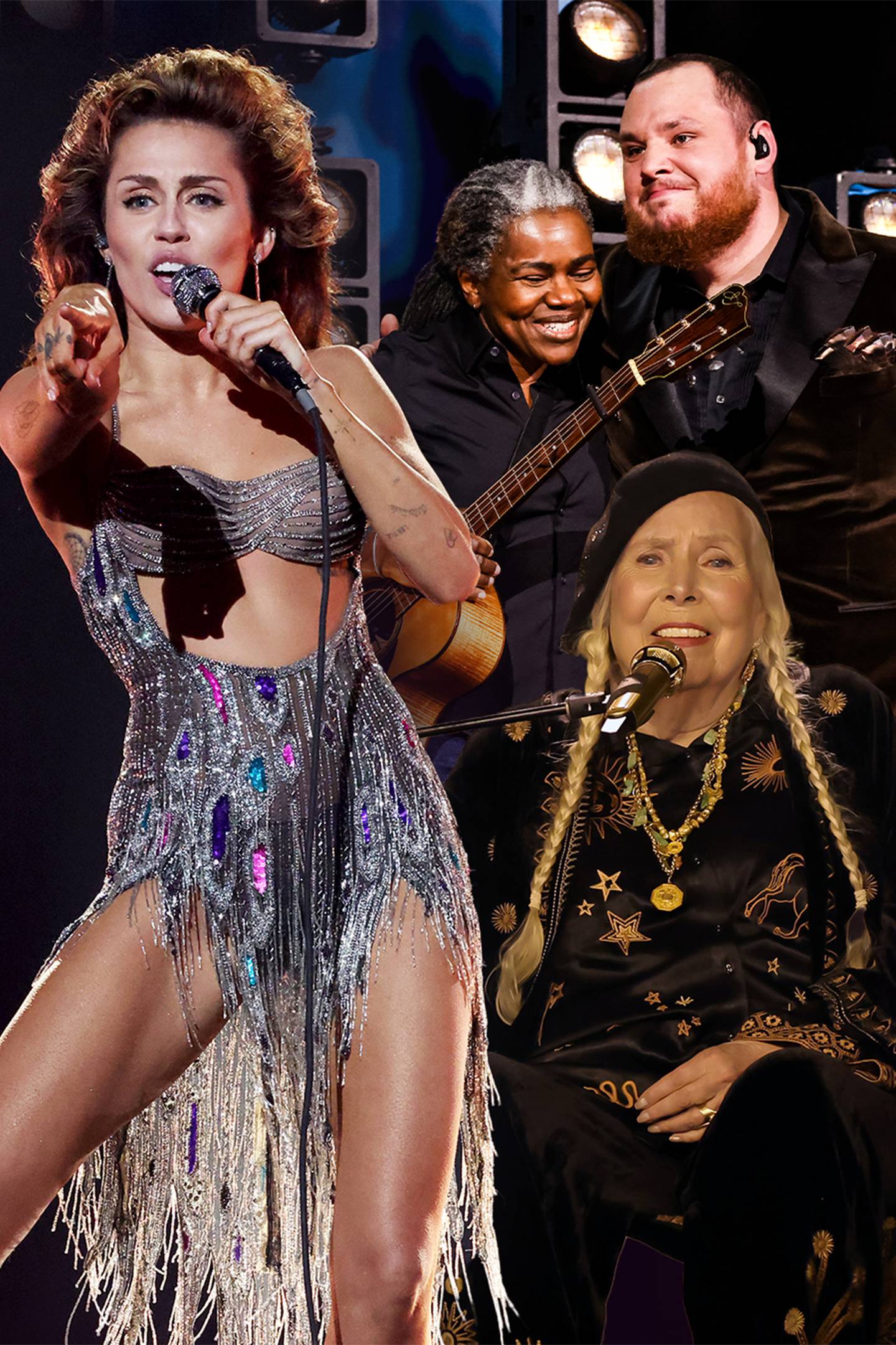 Miley Cyrus, Tracy Chapman, Luke Combs and Joni Mitchell  on stage during the 66th Annual Grammy Awards.