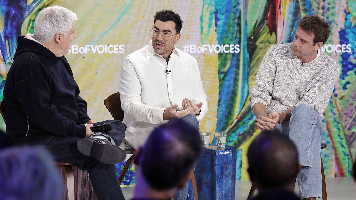 BoF's Tim Blanks on stage with Dan Levy and Jonathan Anderson during BoF VOICES.
