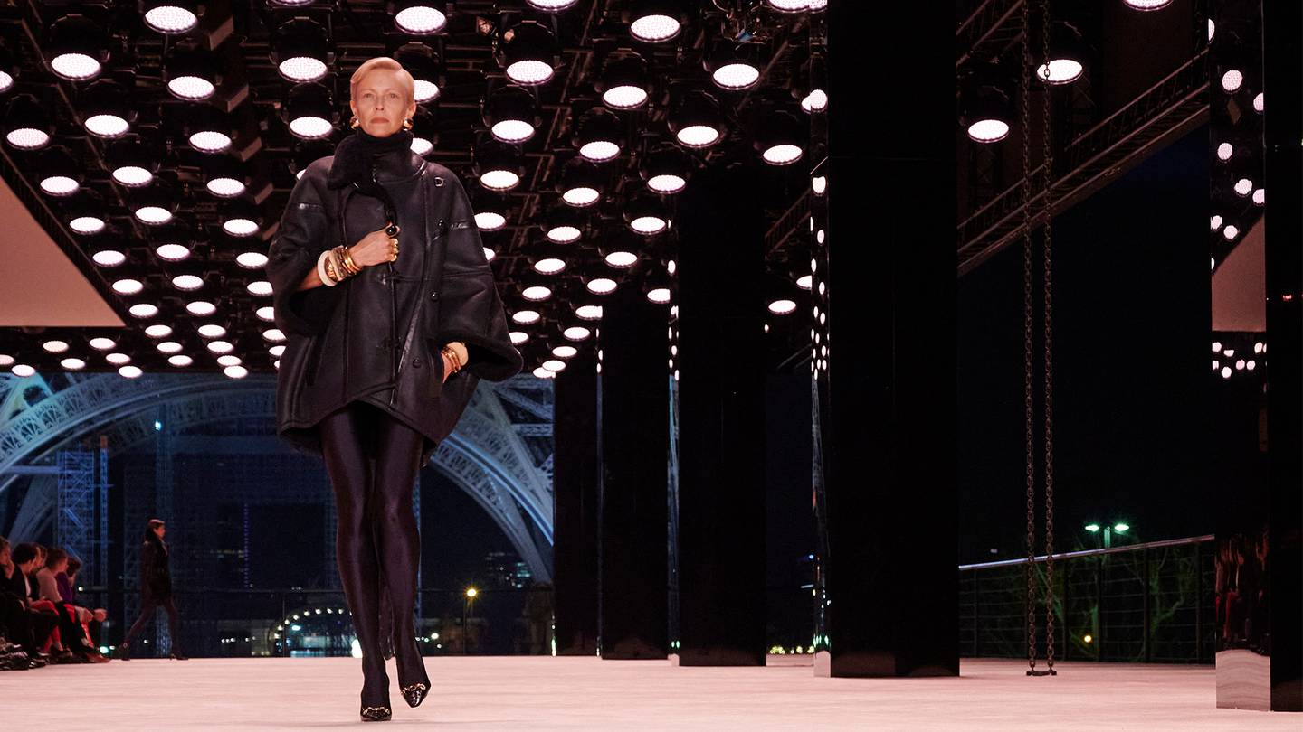 A model walks the runway at Saint Laurent's Autumn/Winter 2022 show.