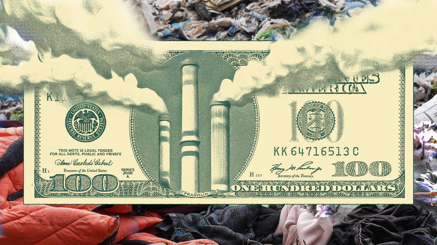 A $100 dollar-bill with smoke stacks as the central image.