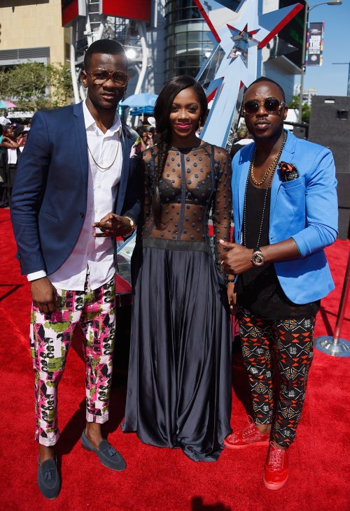 Tiwa Savage with Barabas and Master Just of Toofan at the BET Awards | Source: Getty